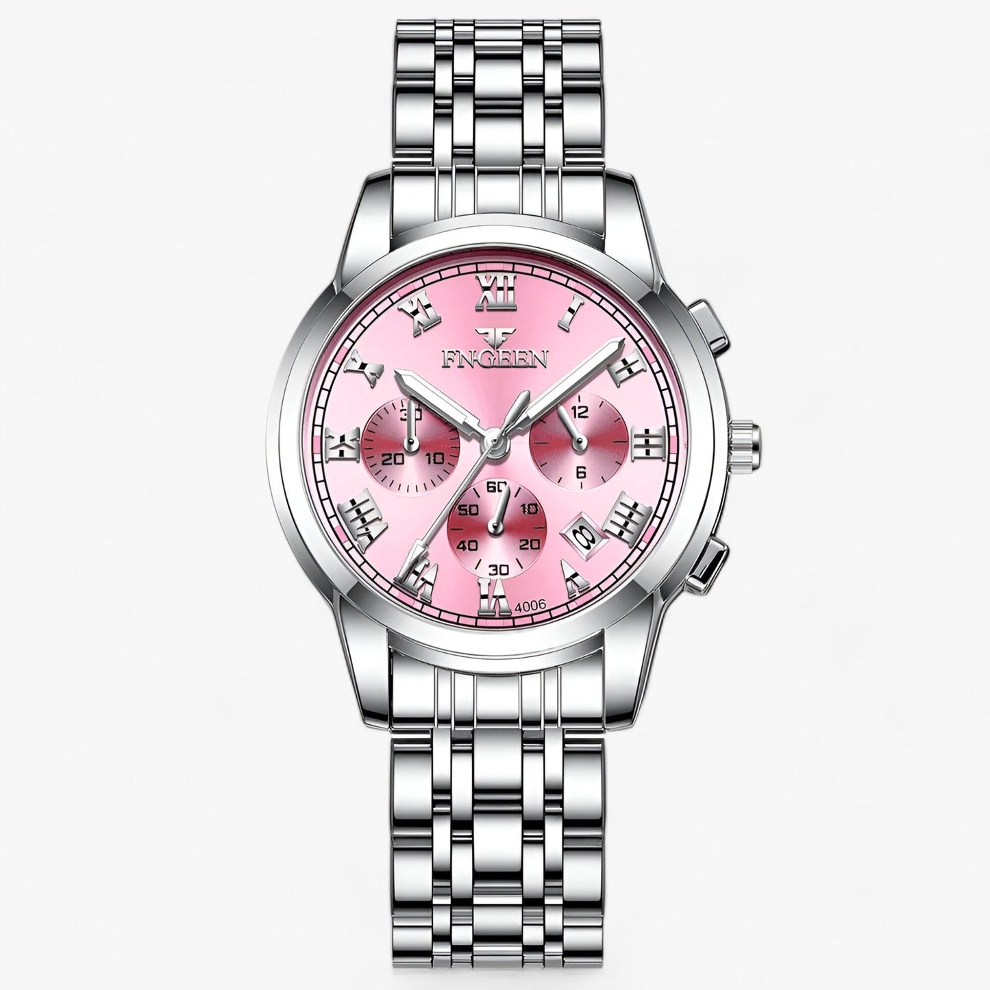 Silberne Edelstahl-Armbanduhr mit rosa Zifferblatt, Chronograph, Herrenuhr, elegant, modern.