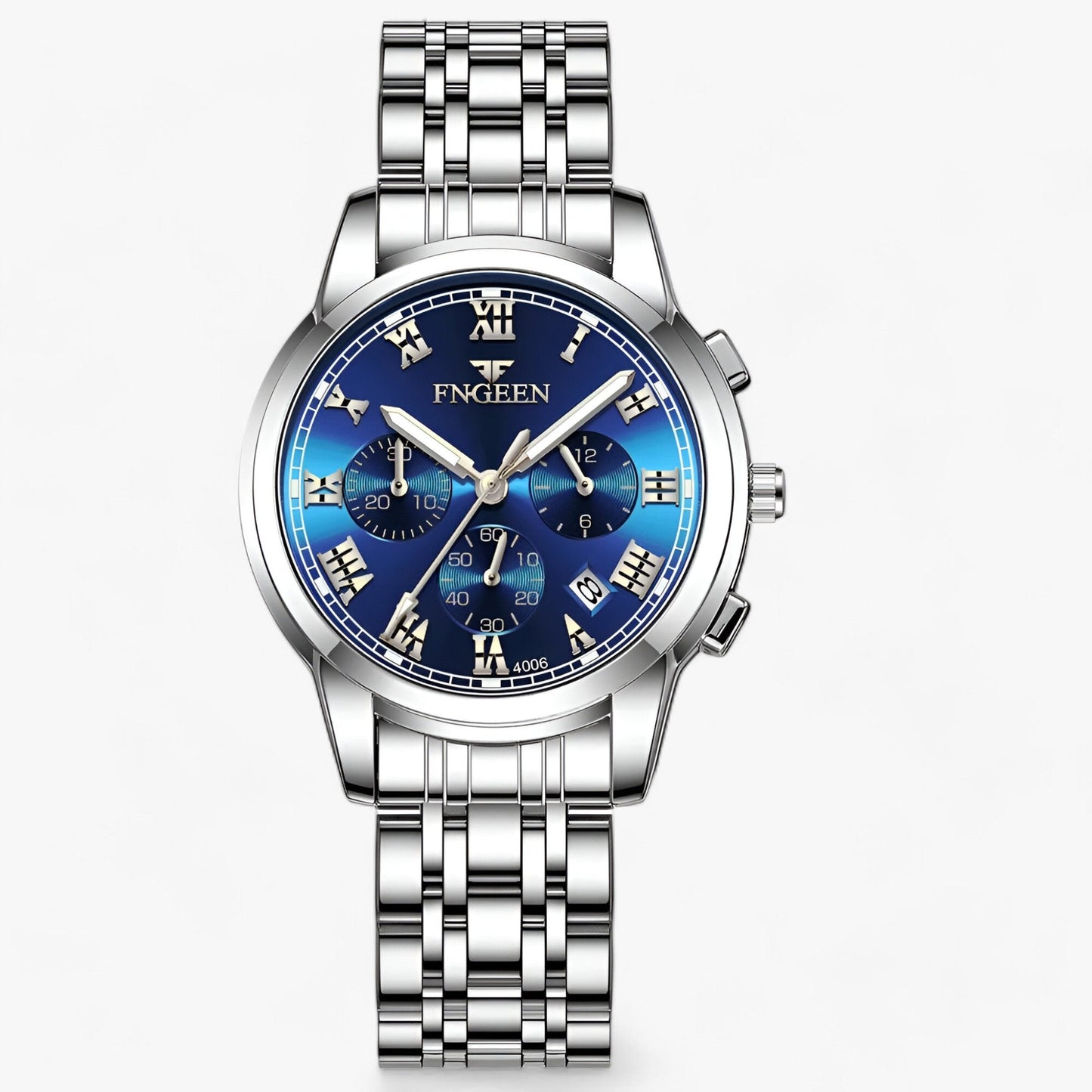 Silberne Herrenarmbanduhr mit blauem Zifferblatt, Edelstahlarmband, Chronographenfunktion.