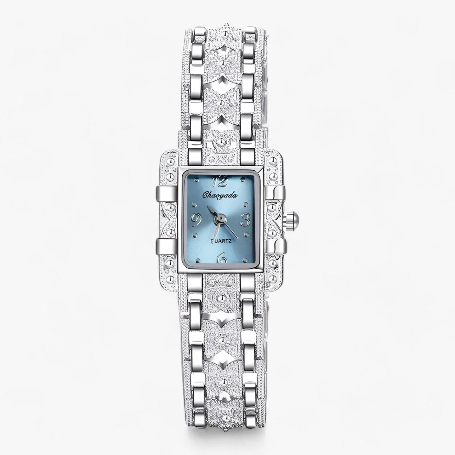 Luxus Damenarmbanduhr, silber, rechteckiges Zifferblatt, blaue Anzeige, Strassverzierung.