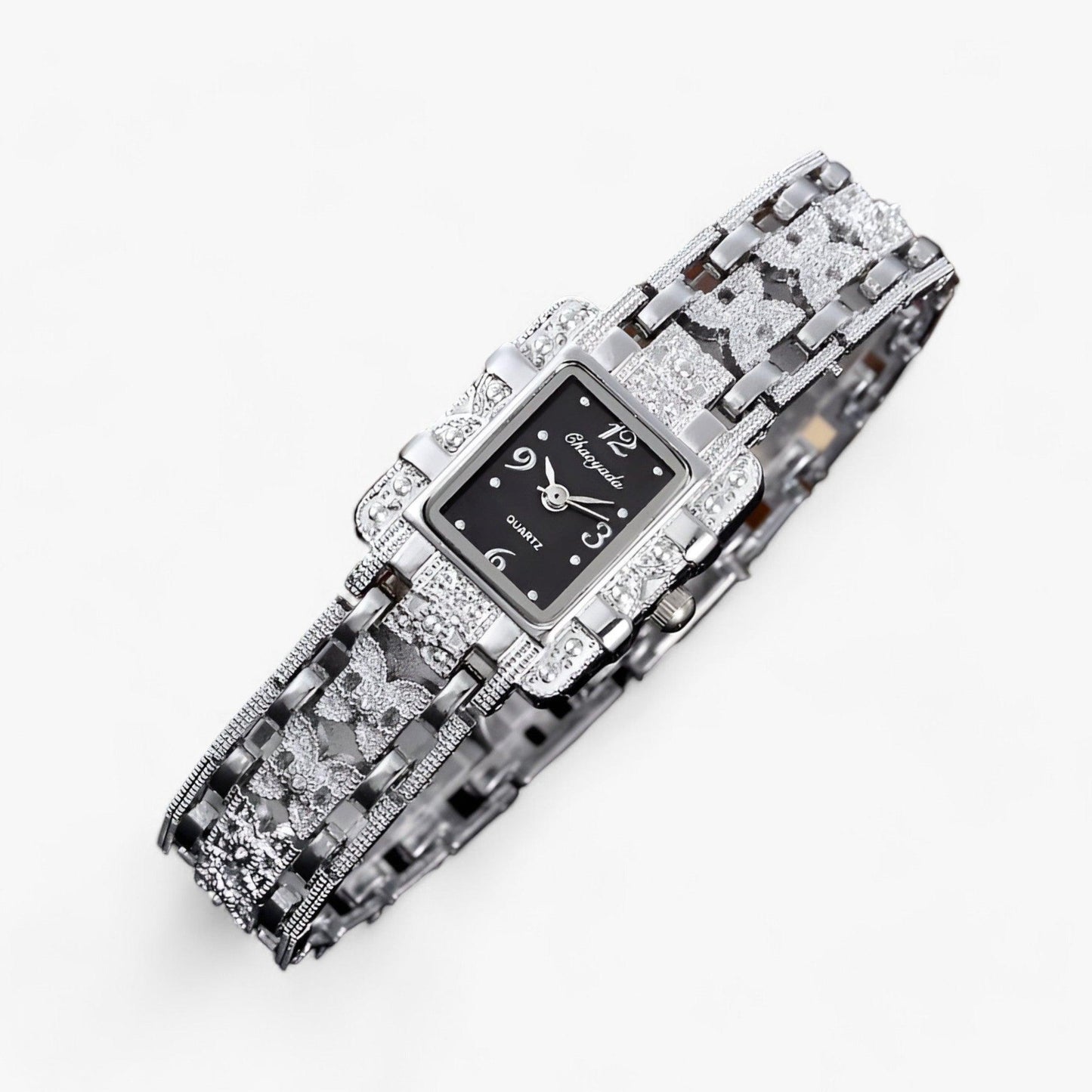 Luxus Damenarmbanduhr, silber, rechteckiges Zifferblatt, Quarz, elegantes Design, Schmuckarmband.