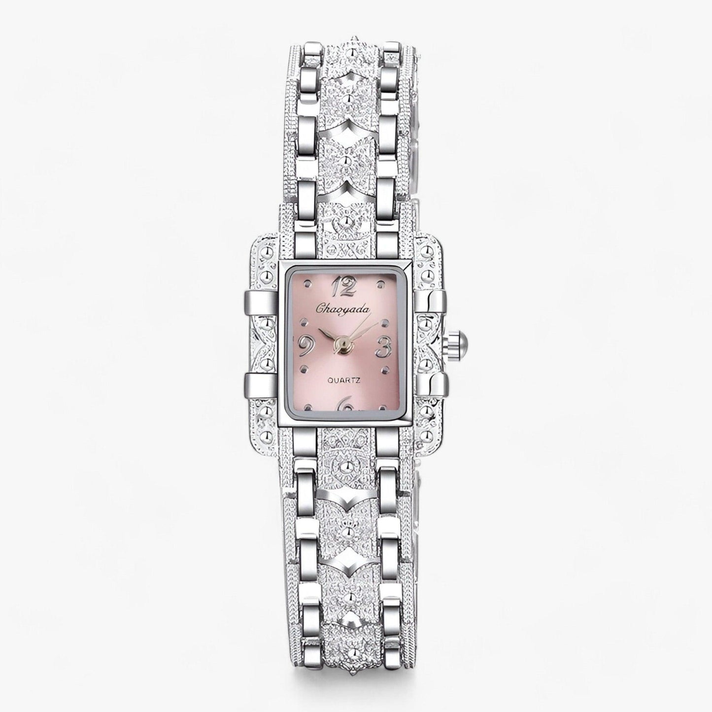 Luxus Damenarmbanduhr, silber, rechteckiges Zifferblatt, Strasssteine, elegant, modisch.
