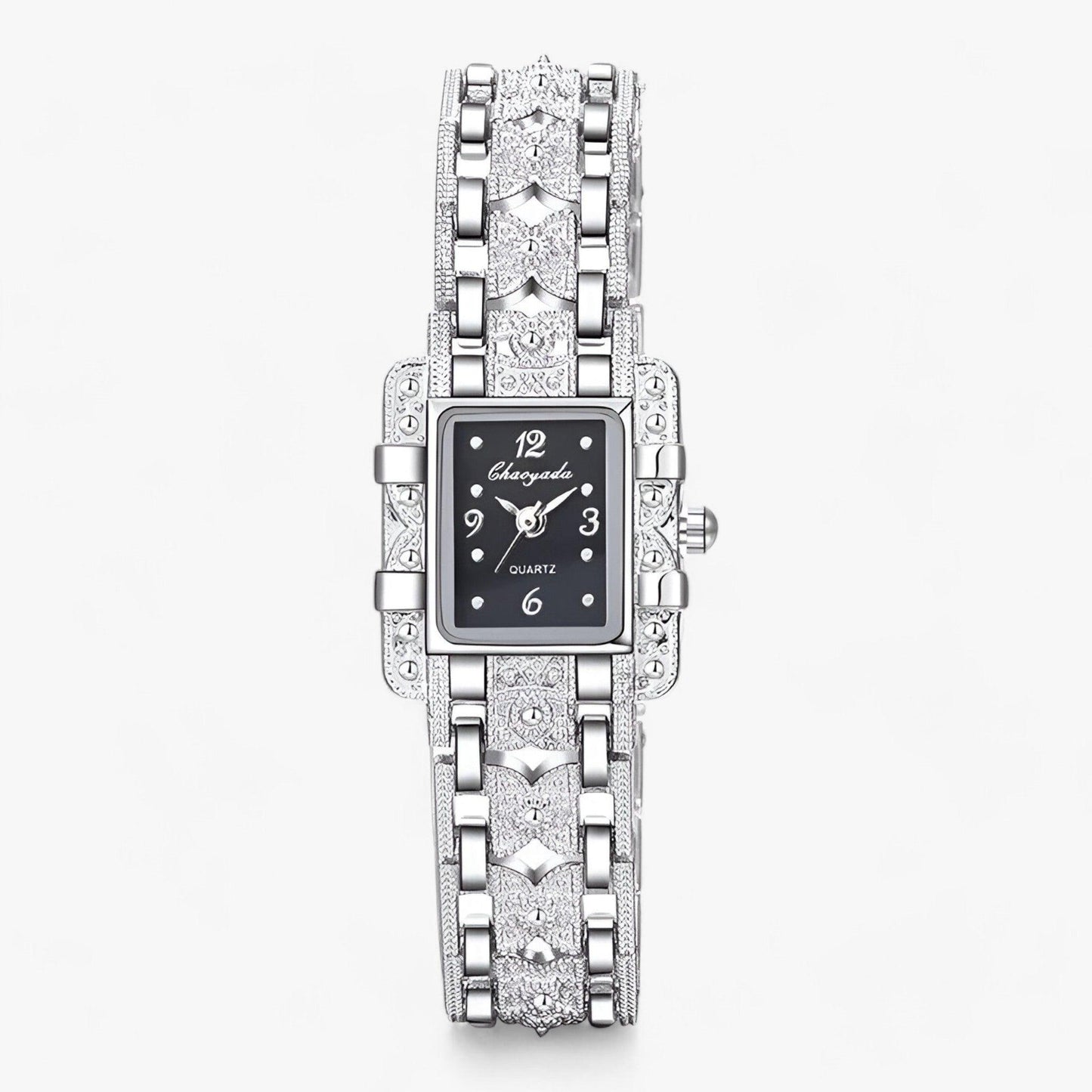 Silberne Damenarmbanduhr mit rechteckigem Zifferblatt, Quarzwerk, elegantes Design.