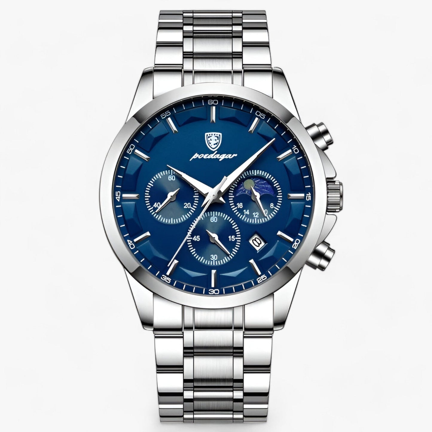 Silberne Herrenuhr mit blauem Zifferblatt, Edelstahlarmband, Chronograph, Luxusdesign.