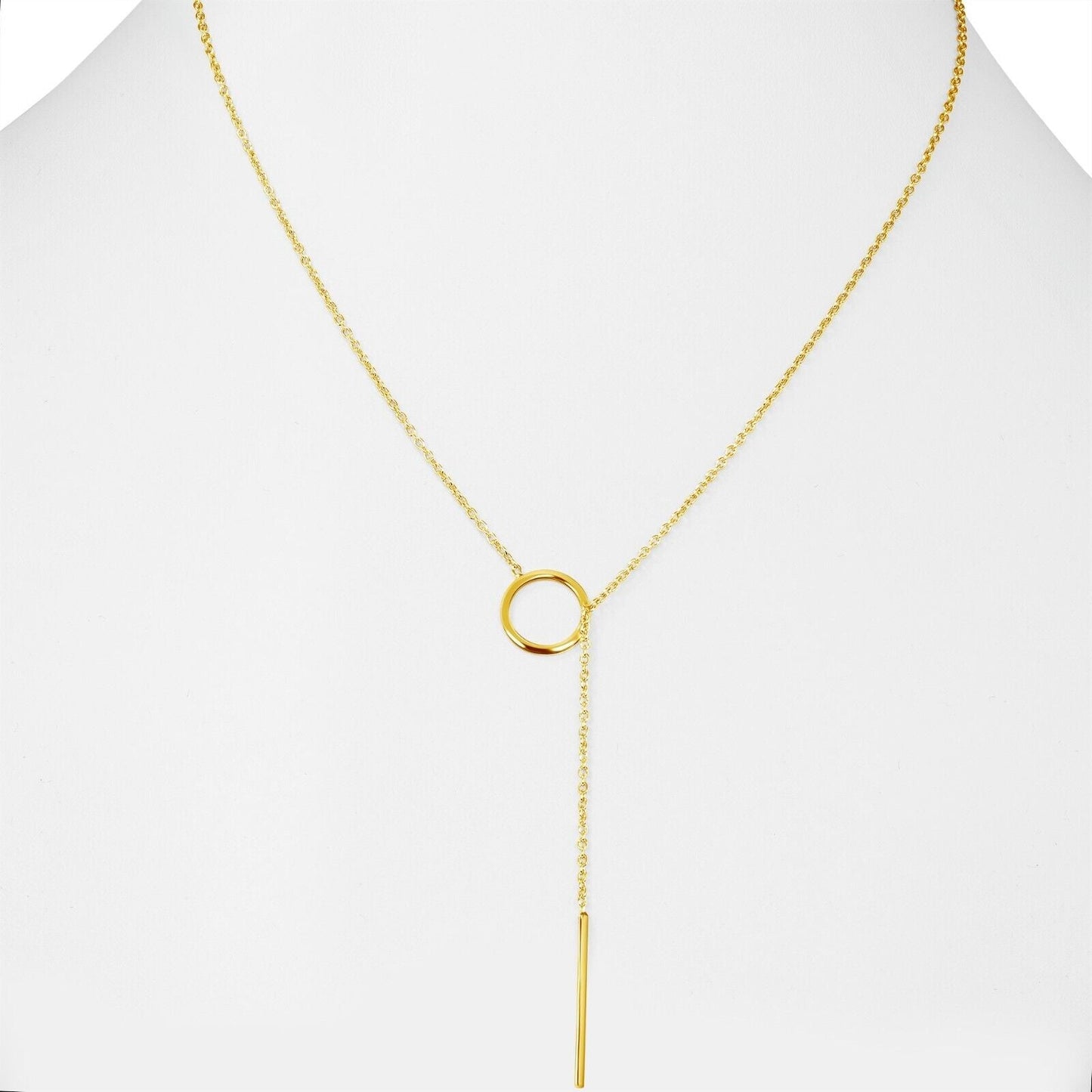 Goldene Y-Halskette mit Kreis- und Stabanhänger, eleganter Schmuck für Damen.
