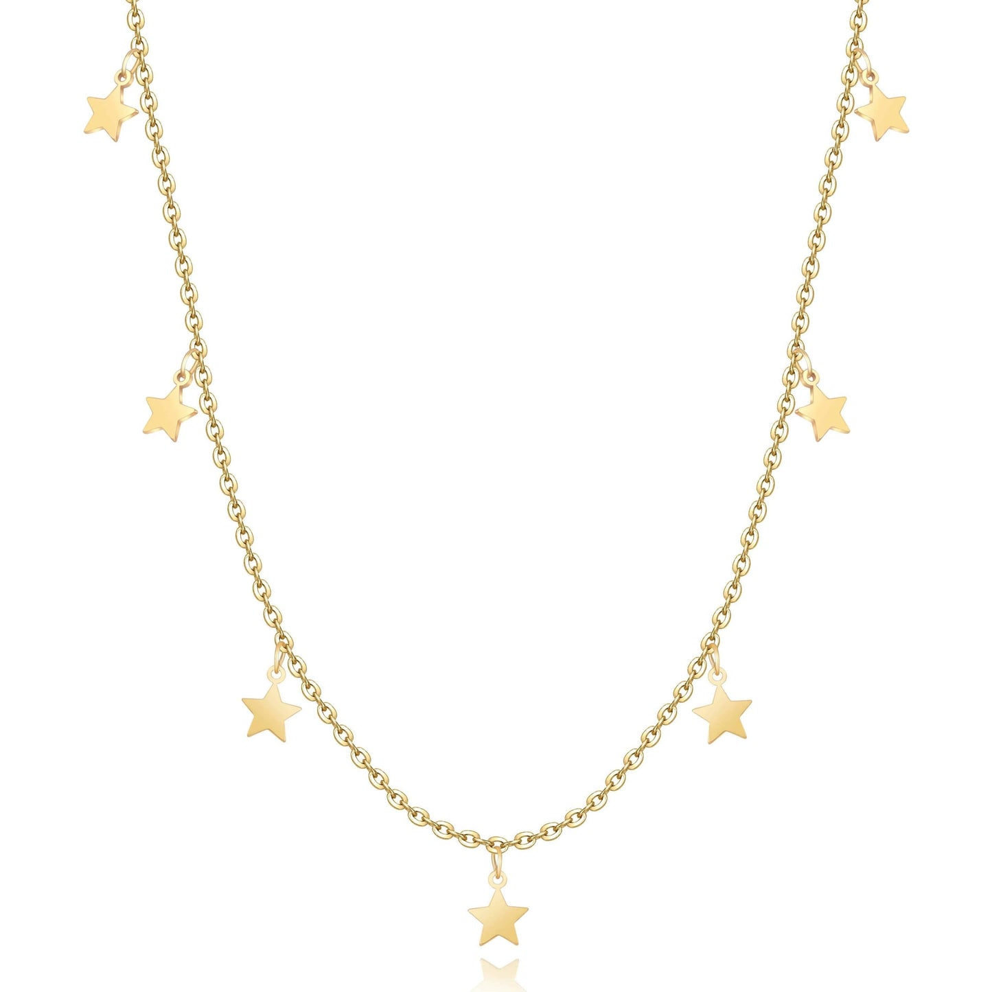 Goldene Sternenhalskette, filigranes Design, modischer Schmuck, Damenaccessoire.