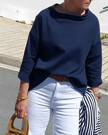 Dame efterårsbluse med høj krave og 3/4-ærmer – Mireille