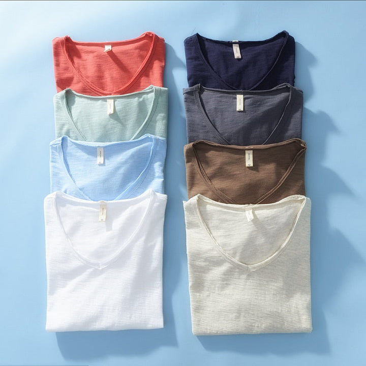 Let hør T-shirt med V-hals til herrer – åndbar & sommerlig – Thilo