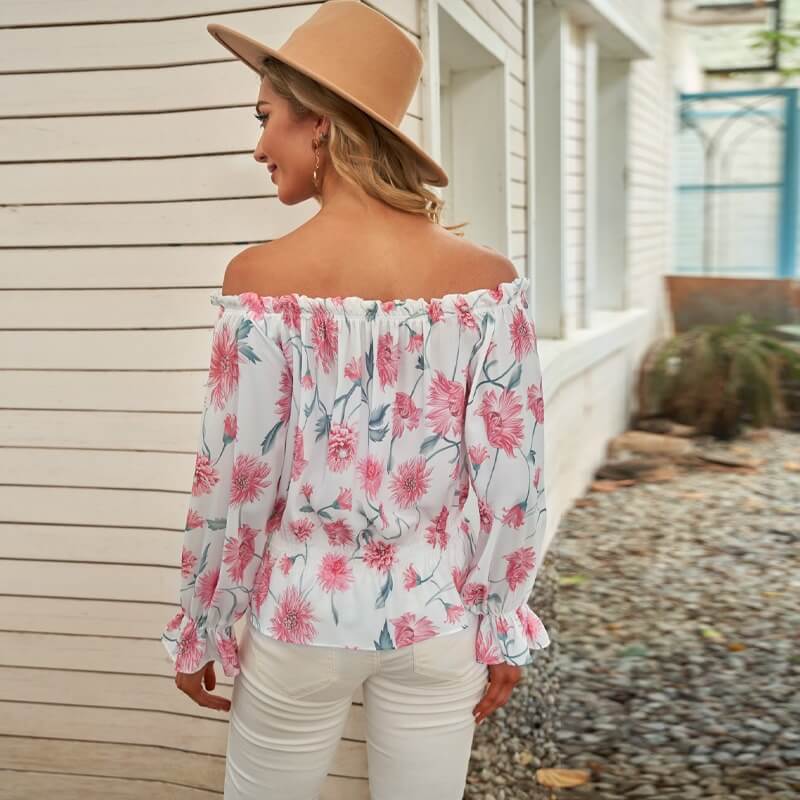 Blomstret chiffonbluse til damer med flæseærmer – Efterårsmagi Elvira
