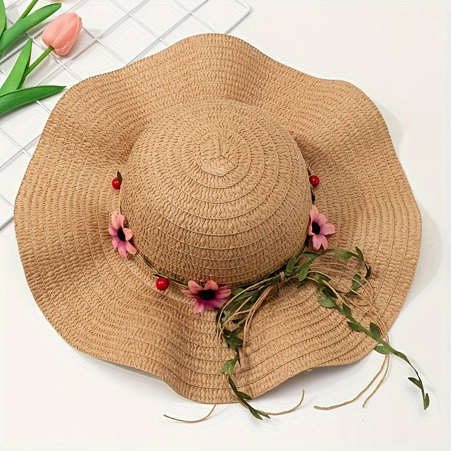 Dame sommer-stråhat med blomster- og frugtdetaljer – Solène