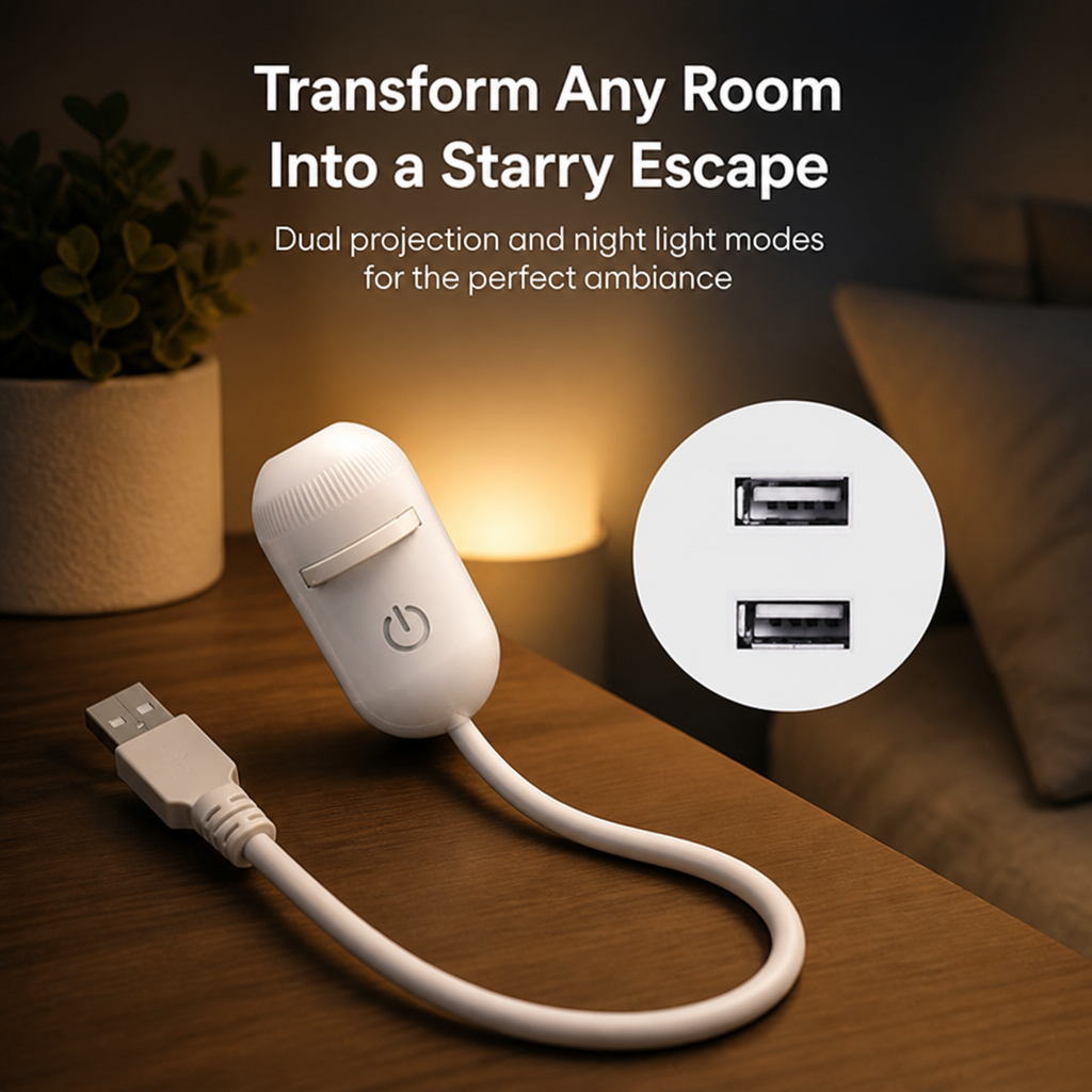 Hvid kapselformet projektor med tænd-knap og USB-kabel på et træbord, med et forstørret udsnit af to USB-porte ved siden af. 1