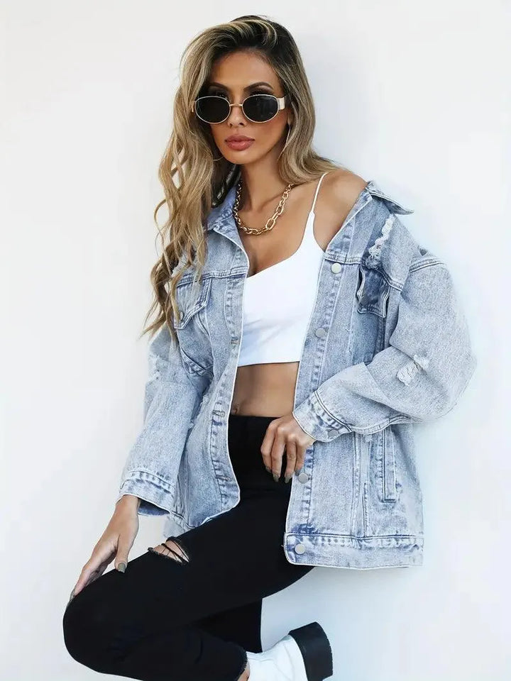 Vandtæt og foret oversized damejeansjakke med hætte – Efterårsmagi Talia