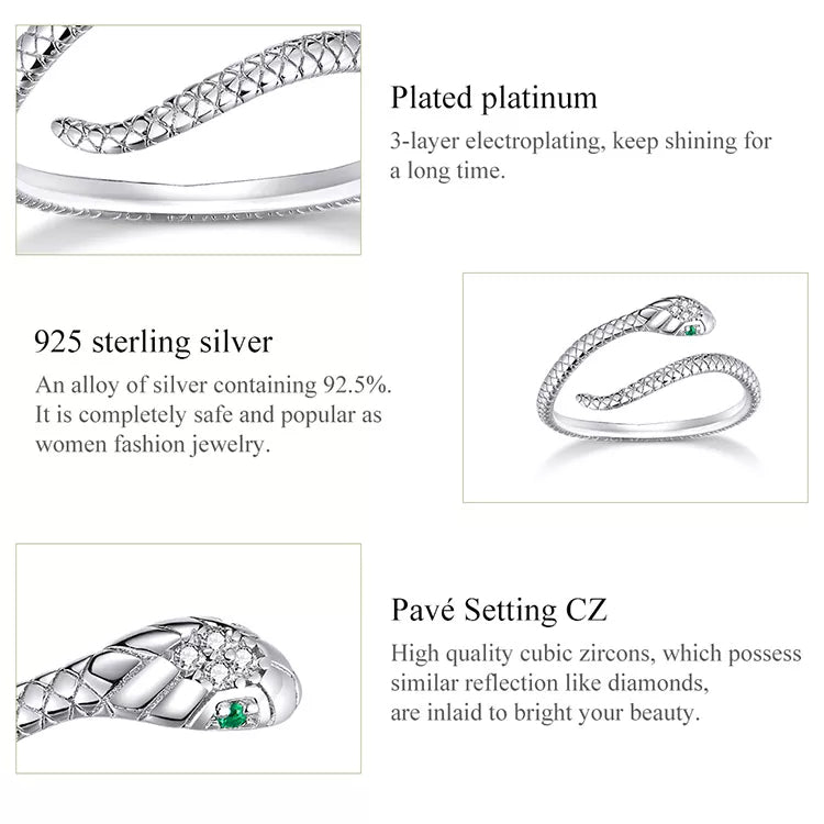 Silberring mit Schlangenmuster, Platinbeschichtung, Zirkonia, 925 Sterling Silber, Damen Schmuck.