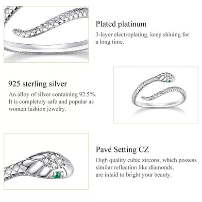 Silberring mit Schlangenmuster, Platinbeschichtung, Zirkonia, 925 Sterling Silber, Damen Schmuck.