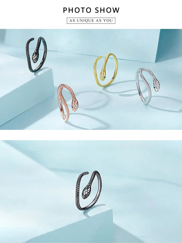 Schlangenring aus Silber, Gold, Roségold, Schwarz; eleganter Schmuck für Damen.