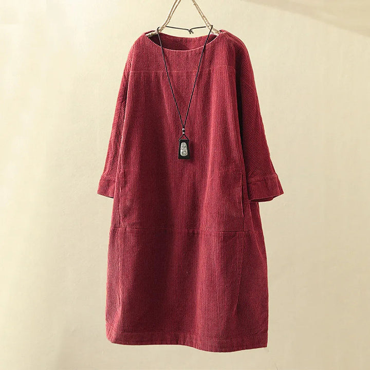 Rotes Cordkleid Damen, langärmelig, lässig, Herbstmode, Vintage-Stil, bequem.