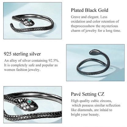 Schwarzer Schlangenring, 925er Sterlingsilber, Pavé-Zirkonia, elegantes Schmuckdesign.