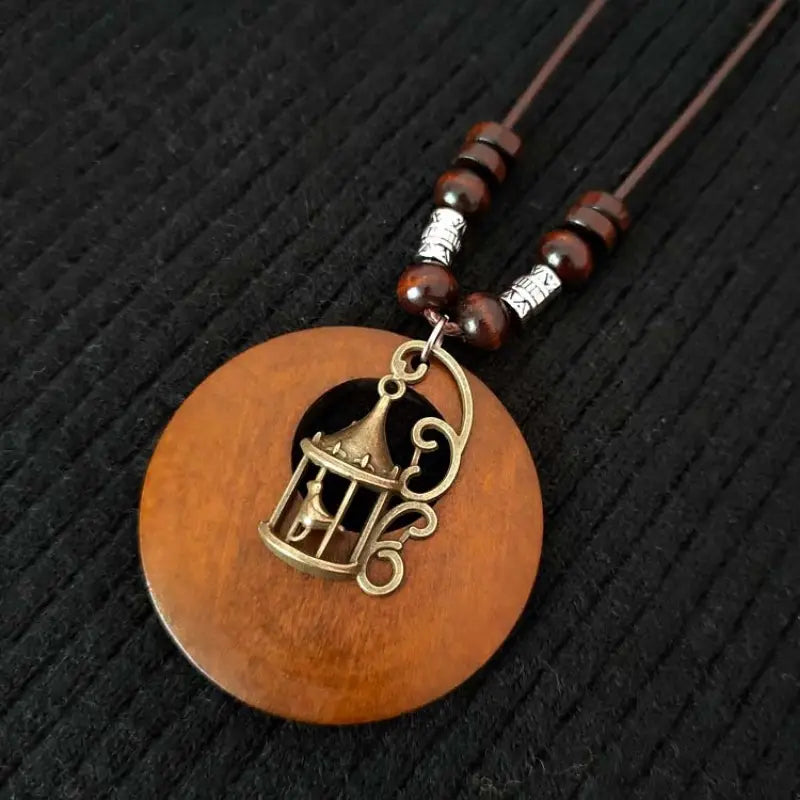 Holzanhänger mit Vogelkäfig-Design, braun, handgefertigt, Unisex-Halskette, Modeschmuck.