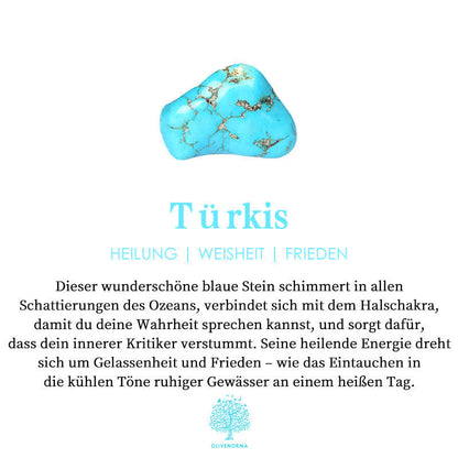 Türkisfarbener Edelstein, blau, Heilung, Weisheit, Frieden, Halschakra, beruhigende Energie.