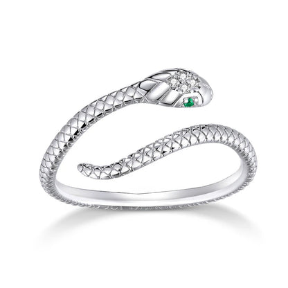 Silberner Schlangenring mit grünen und weißen Steinen, elegantes Schmuckdesign, Damenring.