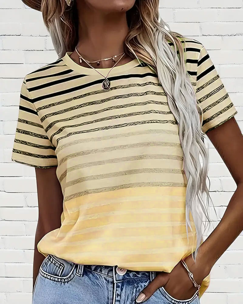 Stripet T-shirt til damer med rund hals og farveovergang – Melia