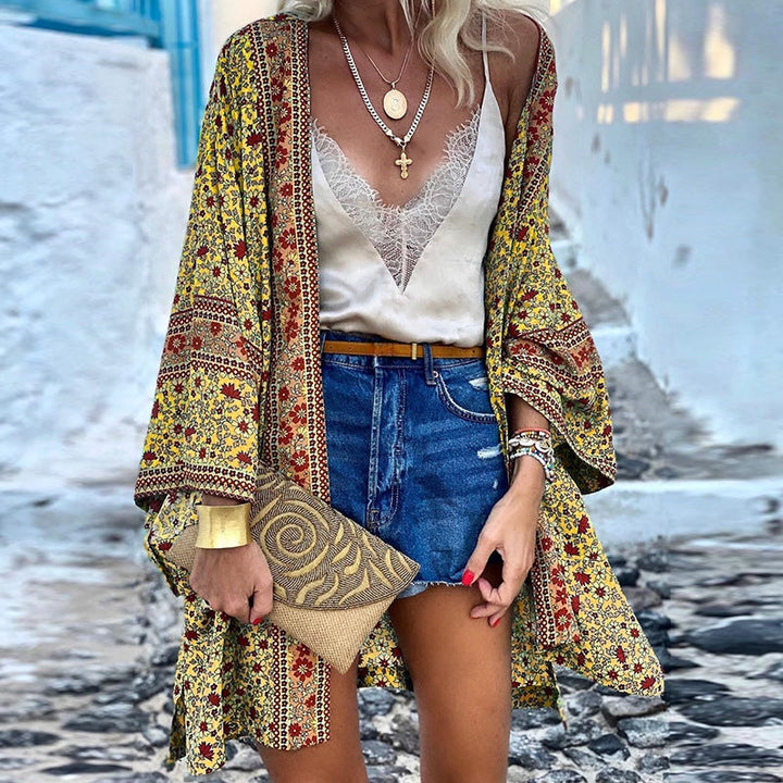Trendy boho dame-strikjakke med mønster – Elara