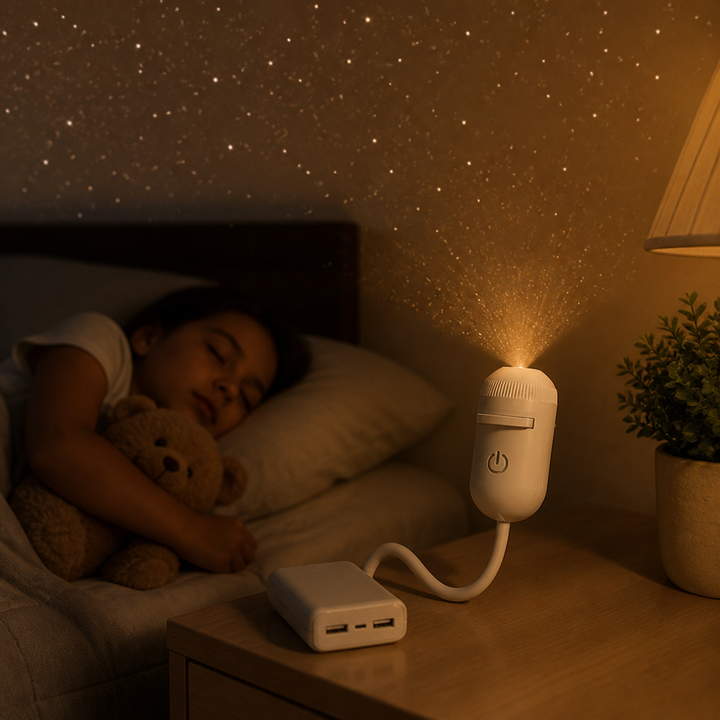 Lampen står på et natbord og projicerer stjerner op på væggen, mens et barn sover med en bamse; en powerbank leverer strøm. 4