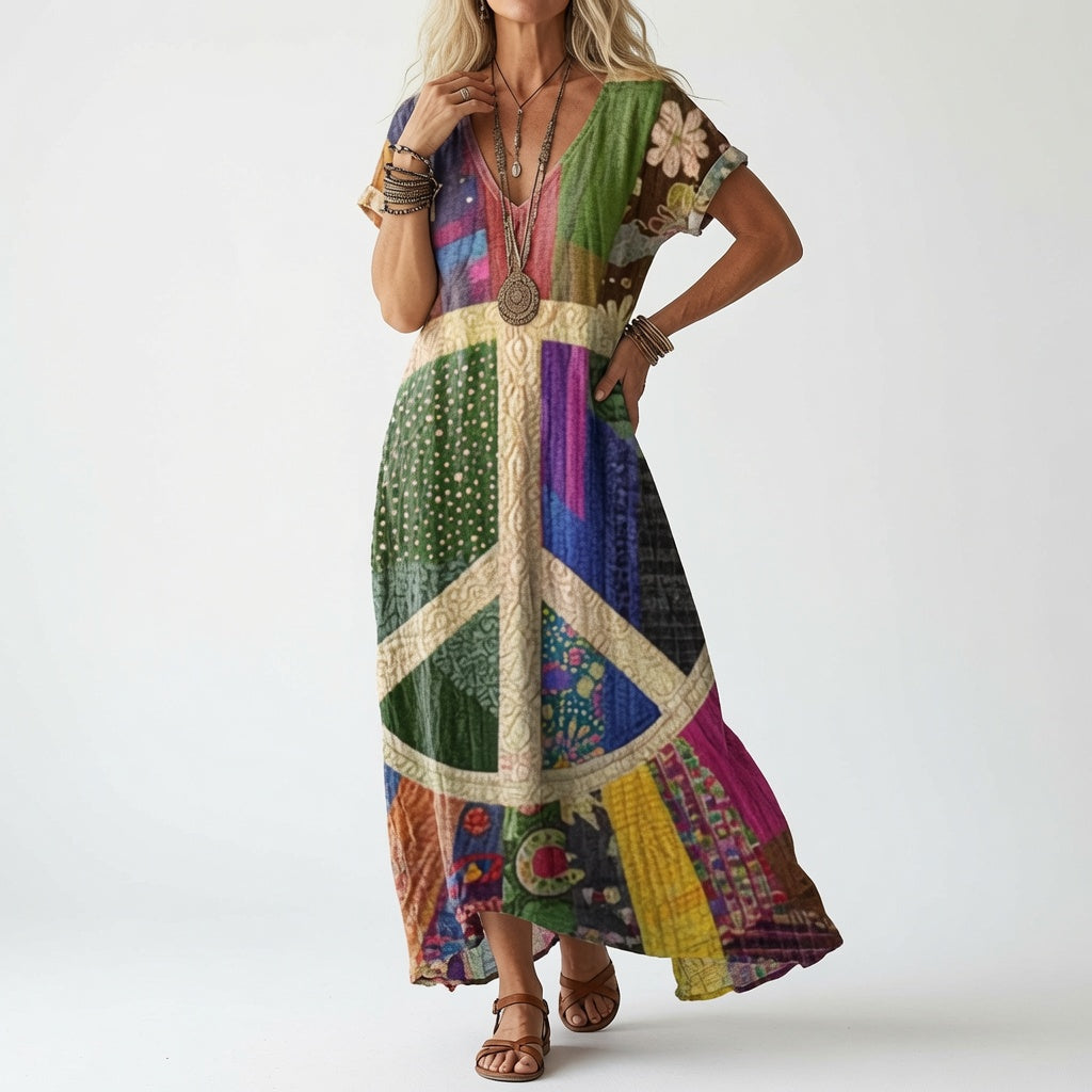 Kjolen i farverigt patchworkdesign med stort fredstegn på forstykket, båret af model med armbånd og brune sandaler. 2