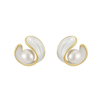 Goldene Ohrringe mit Perlen, koreanisches Design, Emaille, Damen Schmuck, elegant, modisch.