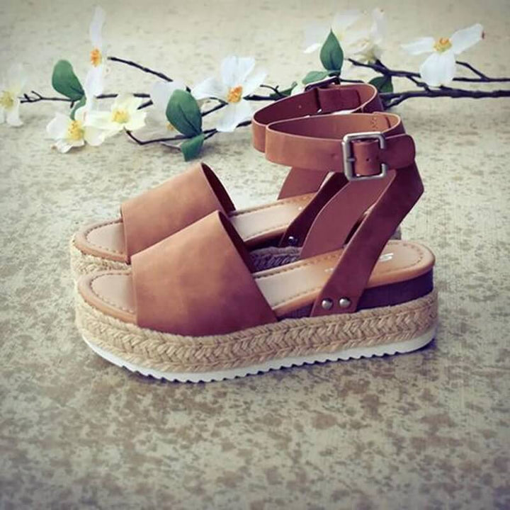 Damesandaler plateau-espadrille med kilehæl og remme – Livia