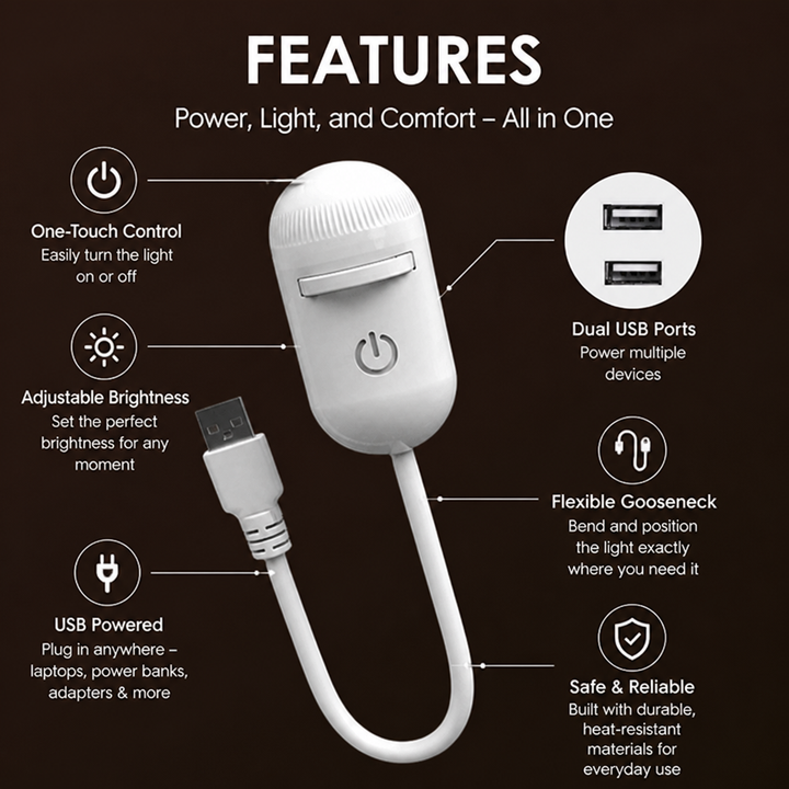 Lampen på mørk baggrund med ikoner, der viser funktioner som tænd-knap, justerbar lysstyrke, dobbelte USB-porte og fleksibelt svanehals-kabel. 7