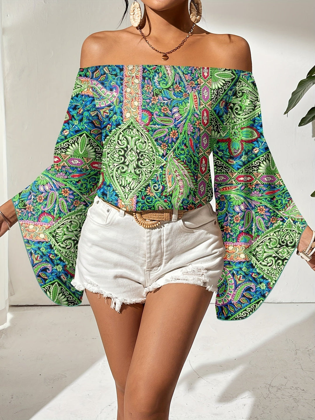 Off-Shoulder-bluse med geometrisk print – Noémie
