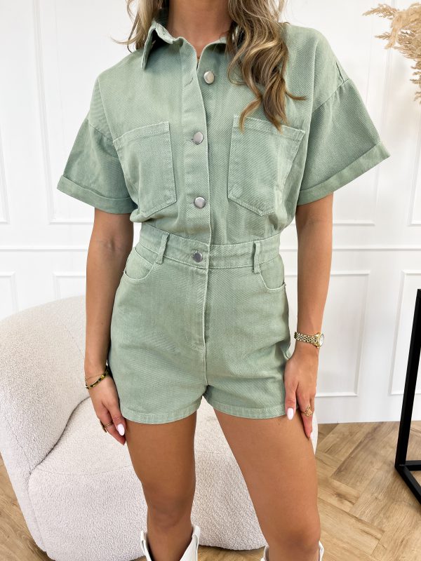 Trendy kortærmet denim-jumpsuit med skjortedesign – Mila