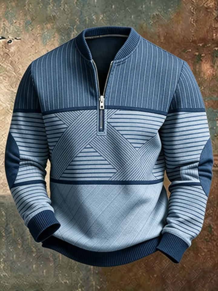 Sweater med halv lynlås i blå nuancer med blandede striber, ribkant og albuepatches, set forfra. 3