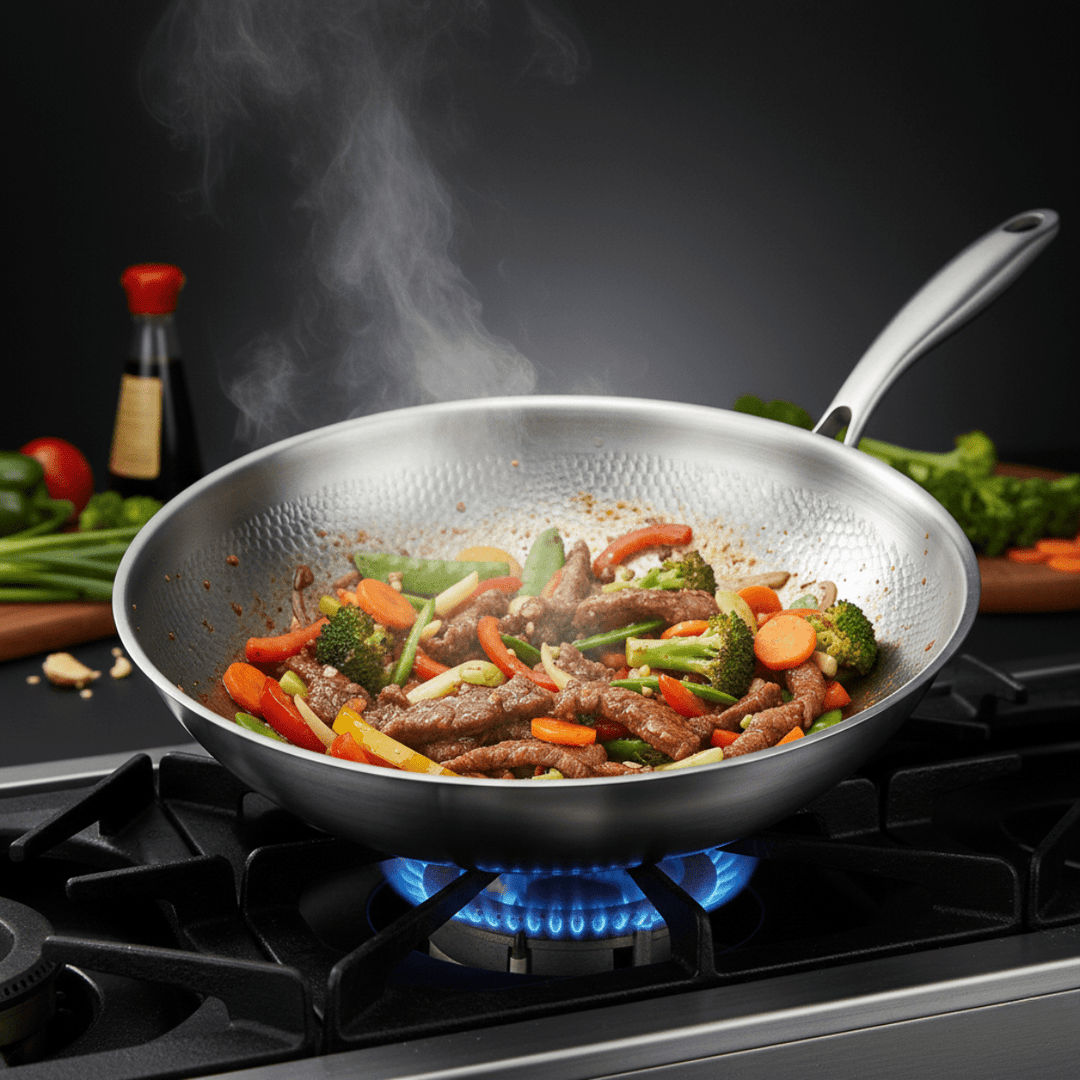 Wok med ristede oksestrimler, broccoli, gulerødder og peberfrugt på en gasblus, med damp og grøntsager i baggrunden. 5