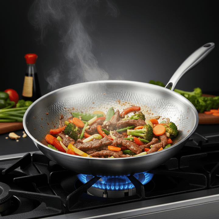 Wok med ristede oksestrimler, broccoli, gulerødder og peberfrugt på en gasblus, med damp og grøntsager i baggrunden. 5