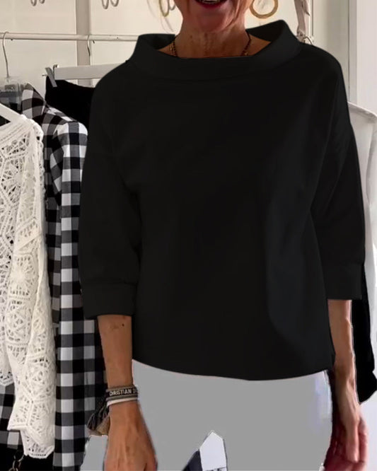 Dame efterårsbluse med høj krave og 3/4-ærmer – Mireille