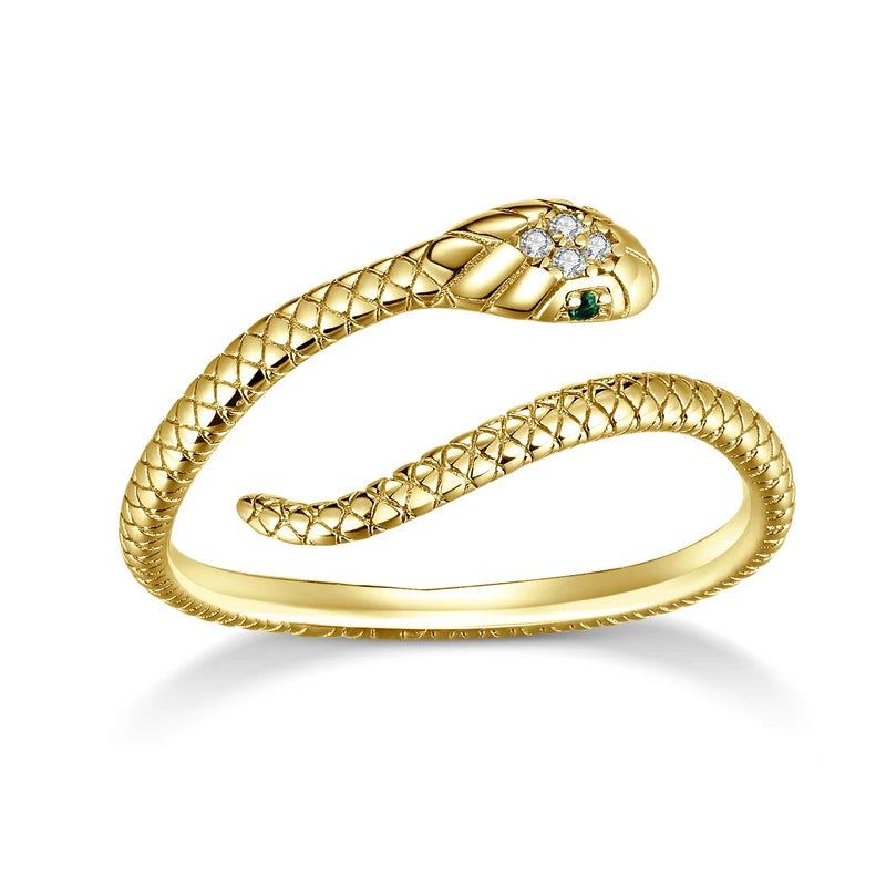 Goldener Schlangenring mit Diamanten, smaragdgrünen Augen, elegantes Schmuckdesign, Damenring.