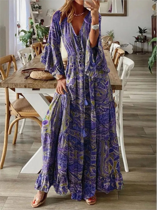 Boho-maxi-kjole med flydende pasform og detaljer – Amira