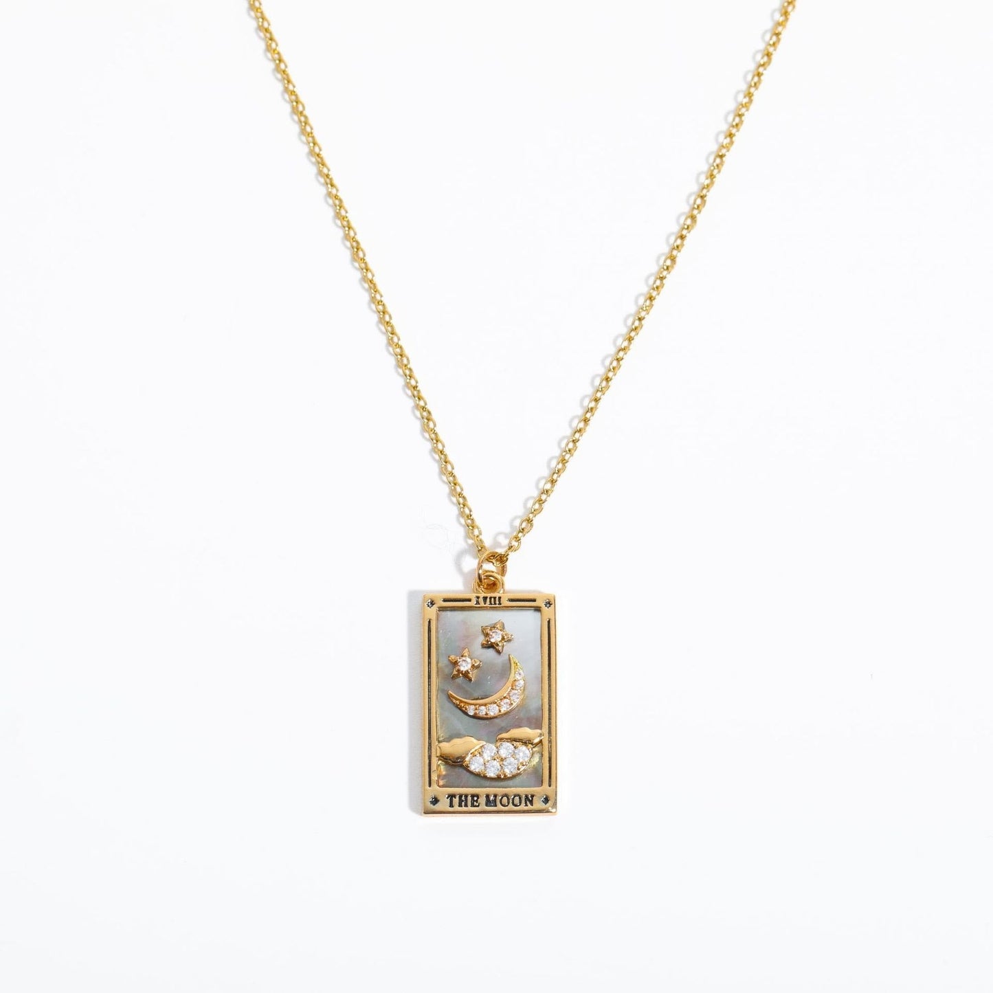 Goldene Halskette mit rechteckigem Anhänger, Mond- und Sternmotiv, Damen-Schmuck.