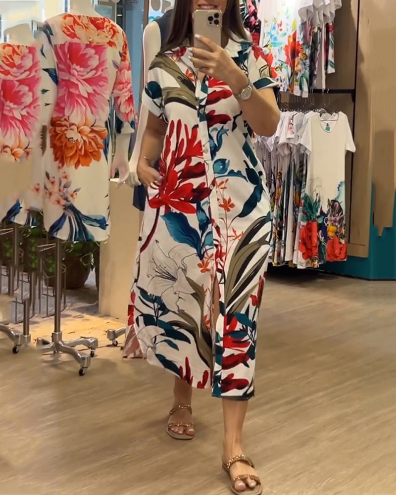Trendy sommerskjole med print og skjortekrave – Flora