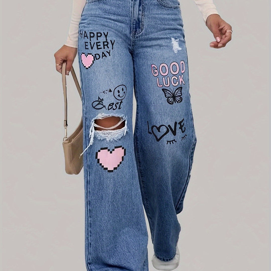 Damejeans med hjerte- og graffiti-print - Lotte