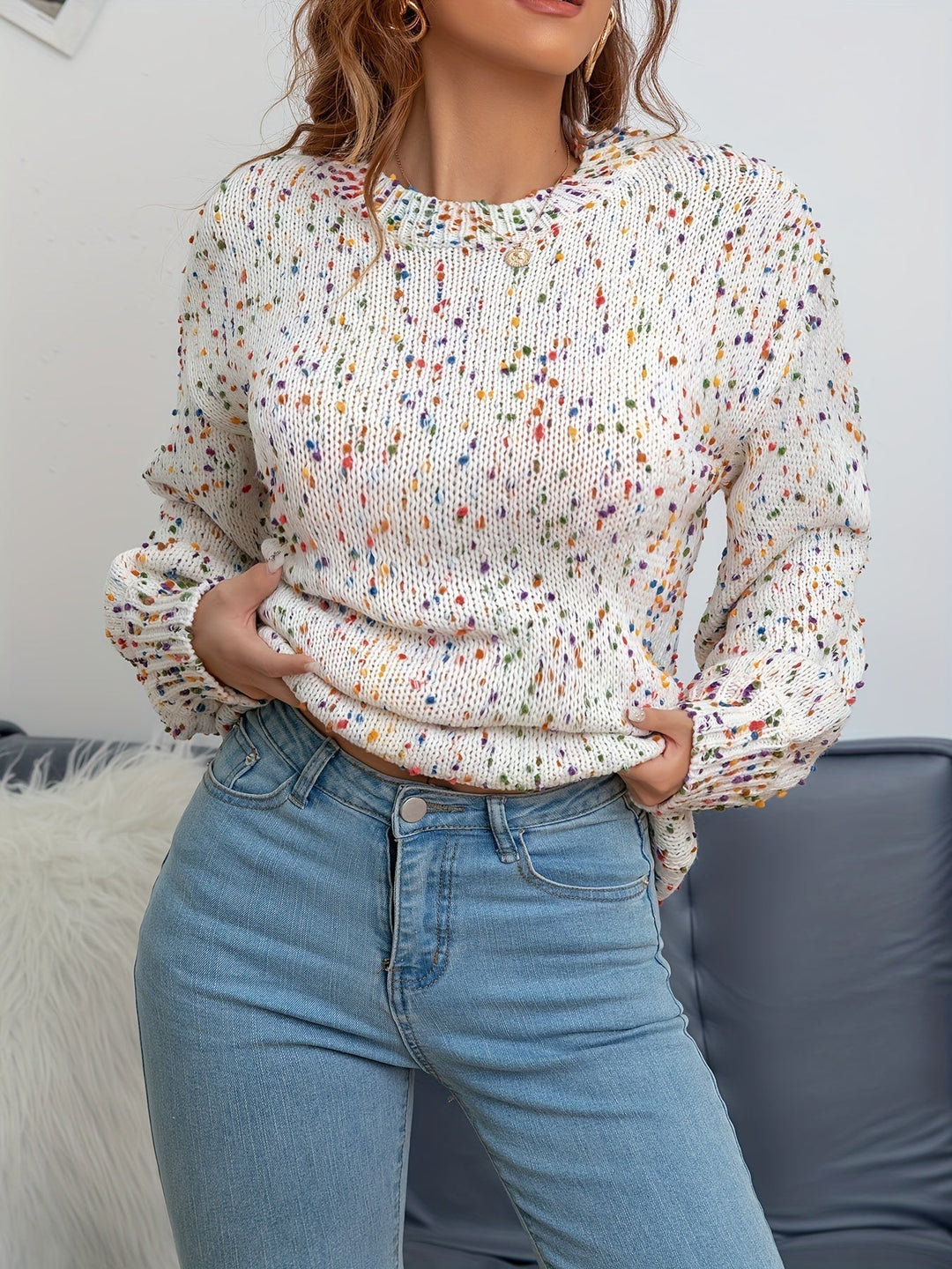 Strikket damepullover med konfetti-tryk – Noa