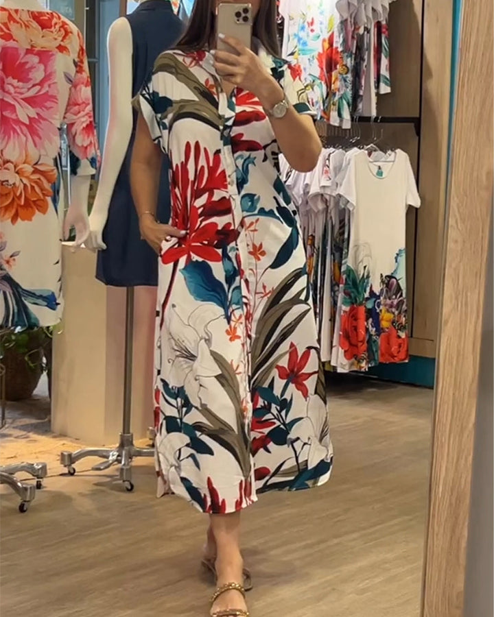 Trendy sommerskjole med print og skjortekrave – Flora