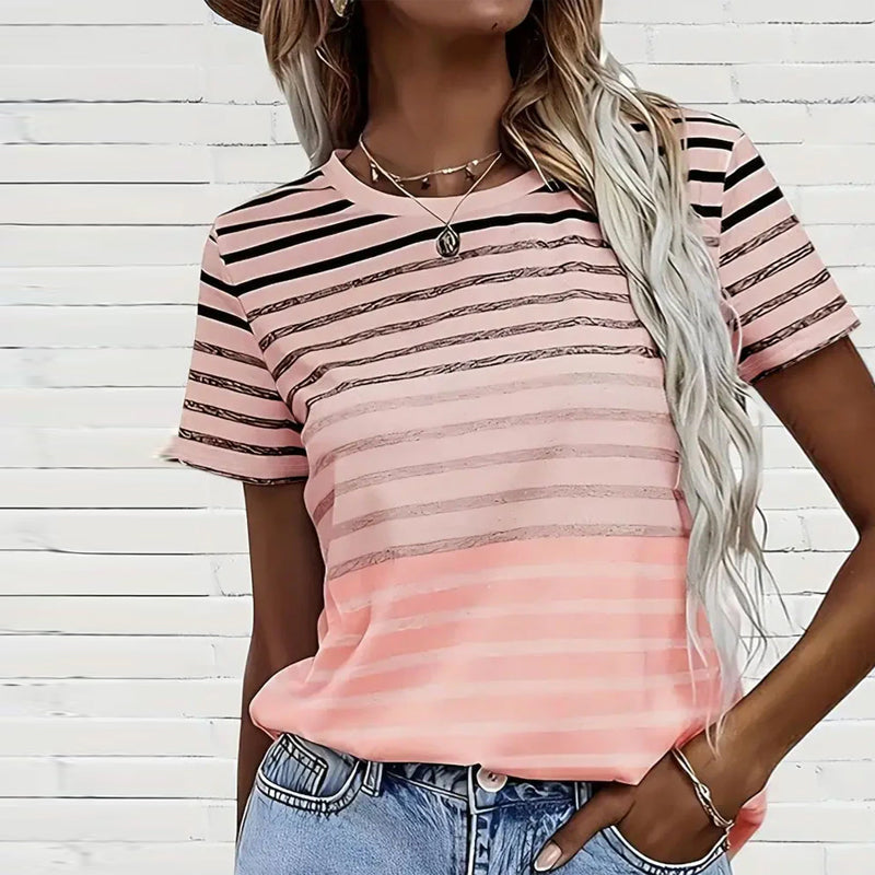Stripet T-shirt til damer med rund hals og farveovergang – Melia