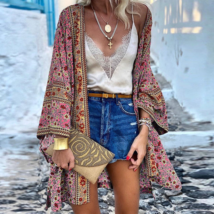 Trendy boho dame-strikjakke med mønster – Elara