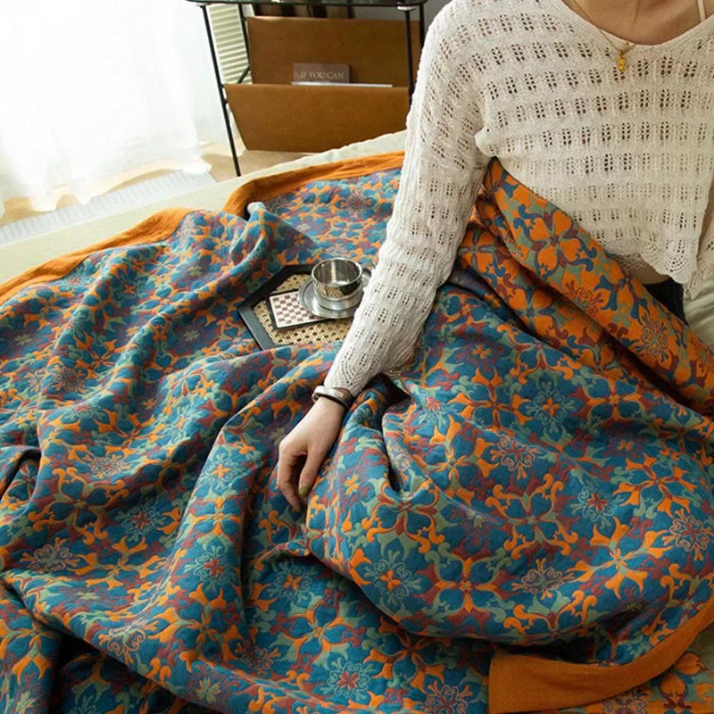 Orange- og blåmønstret sekslags bomuldsquilt - TerraLoom