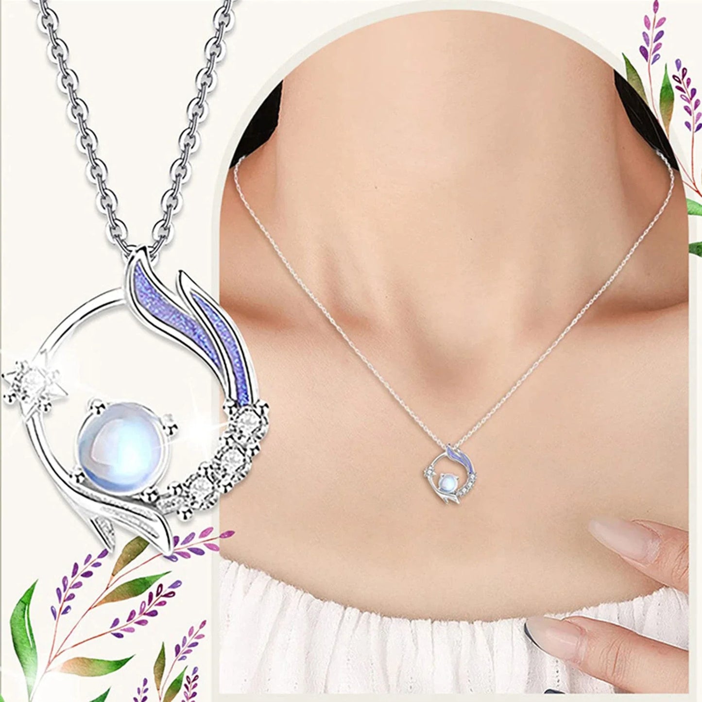 Silberne Halskette mit Mondstein-Anhänger, Damen-Schmuck, elegantes Design, Geschenkidee.