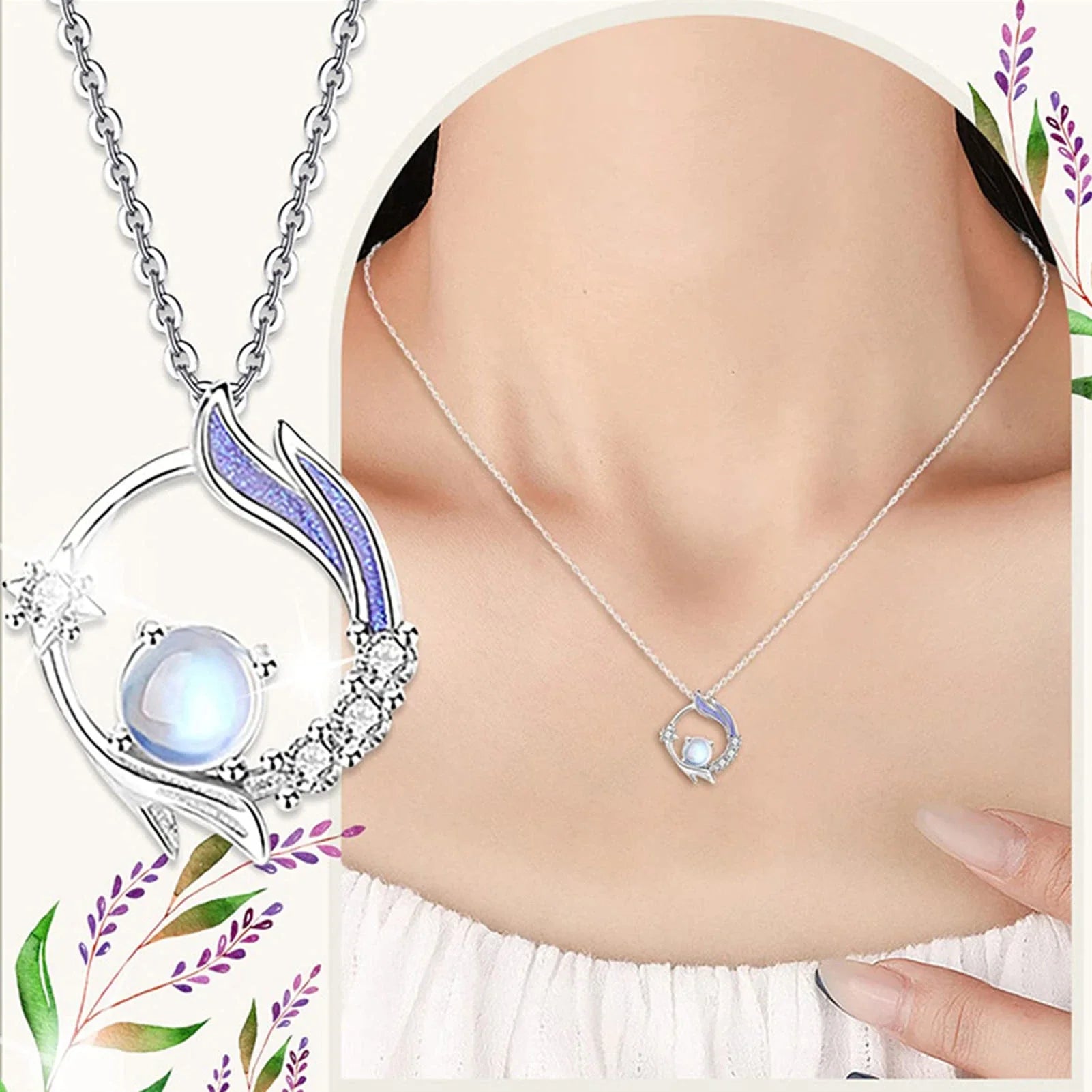 Silberne Halskette mit Mondstein-Anhänger, Damen-Schmuck, elegantes Design, Geschenkidee.