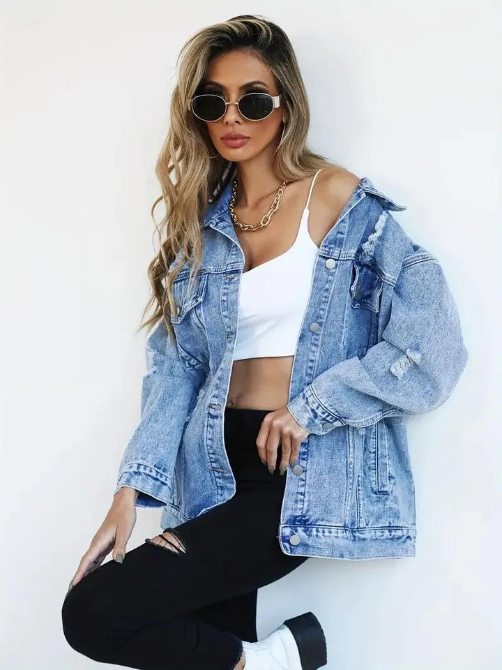 Vandtæt og foret oversized damejeansjakke med hætte – Efterårsmagi Talia