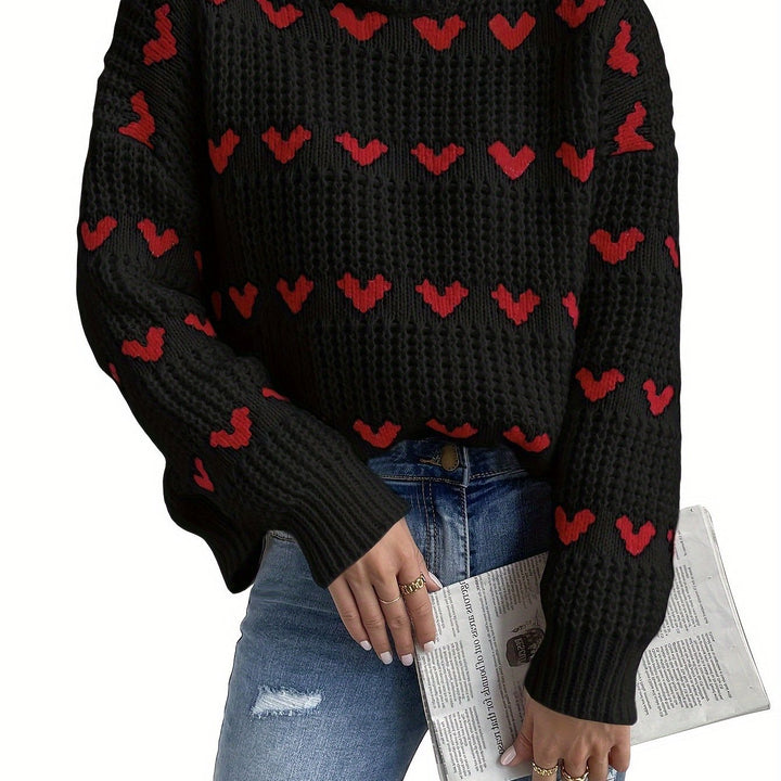 Sweater til damer med hjerteprint og høj krave – Nola